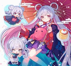  1girl :d :o bare_legs character_request chibi closed_mouth collarbone commentary_request copyright_request double_bun dress flat_chest food fruit grey_hair hair_bun hair_ornament highres holding holding_umbrella japanese_clothes kimono light_blush long_hair long_sleeves looking_at_viewer multicolored_hair oil-paper_umbrella open_mouth outstretched_hand pancake pancake_stack pink_hair plate purple_kimono purple_ribbon red_umbrella ribbon simple_background single_side_bun smile solo_focus strawberry stuffed_animal stuffed_octopus stuffed_toy sundi3d twintails two-tone_hair two-tone_kimono umbrella very_long_hair white_background white_dress wide_sleeves 