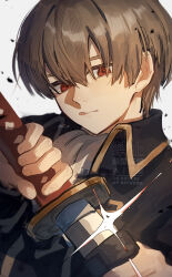  1boy absurdres arc_pic brown_hair collared_jacket commentary_request drawing_sword gintama highres holding holding_sword holding_weapon jacket katana licking_lips long_sleeves okita_sougo red_eyes sheath short_hair simple_background sword tongue tongue_out unsheathing weapon white_background 