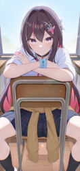  1girl absurdres alternate_costume asymmetrical_sidelocks azki_(hololive) backlighting belt_collar black_collar black_skirt black_socks blue_scrunchie braid brown_hair cardigan cardigan_around_waist celine_marie_noel chair classroom clothes_around_waist collar colored_inner_hair commentary_request crossed_arms double-parted_bangs eyelashes feet_out_of_frame gyaru hair_between_eyes hair_intakes hair_ornament hairclip half_up_braid heart_collar highres hololive indoors kneehighs kogal long_hair looking_at_viewer miniskirt mole mole_under_eye multicolored_hair neck_ribbon pink_hair pink_streaks plaid_clothes plaid_skirt pleated_skirt red_ribbon ribbon school school_chair school_uniform scrunchie shirt short_sleeves sidelocks sitting sitting_backwards skirt smile socks solo spread_legs streaked_hair very_long_hair violet_eyes virtual_youtuber vmerin white_shirt white_streaks window wrist_scrunchie 