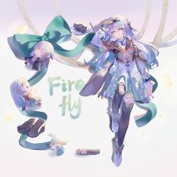  1girl absurdres black_hairband black_hat black_jacket black_shoes character_doll chinese_commentary commentary_request doll firefly_(honkai:_star_rail) green_ribbon green_thighhighs grey_hair hair_between_eyes hair_ornament hairband hat highres honkai:_star_rail honkai_(series) jacket long_hair long_sleeves lying neckerchief orange_neckerchief ribbon shirt shoes skirt smile solo stelle_(honkai:_star_rail) thigh-highs trailblazer_(honkai:_star_rail) unworn_hat unworn_headwear unworn_shoes violet_eyes white_shirt white_shoes white_sleeves xi_wu_yogurt 