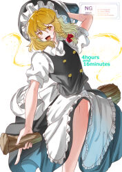  1girl apron black_hat black_skirt black_vest blonde_hair bow braid braided_sidelock broom broom_riding commentary_request frilled_apron frills hair_bow hat highres kirisame_marisa long_hair looking_at_viewer open_mouth red_bow shirt short_sleeves skirt solo touhou vest white_apron white_shirt witch_hat yoni. 
