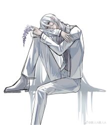  1boy arm_on_knee cael_anselm cael_anselm_(everyday_outfit) chinese_commentary closed_mouth commentary_request crabwzzzz earrings flower foot_out_of_frame grey_shirt grey_vest hair_between_eyes hair_flowing_over head_on_arm head_rest highres holding holding_flower invisible_chair jacket jewelry knee_up long_hair long_hair_between_eyes long_sleeves looking_at_flowers lovebrush_chronicles male_focus open_clothes open_jacket pants purple_flower shirt shoes simple_background sitting smile solo suit very_long_hair vest violet_eyes white_background white_hair white_jacket white_pants white_shoes white_suit wisteria 