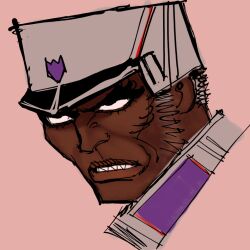  1boy azoinab clenched_teeth dark-skinned_male dark_skin decepticon frown grey_hair grey_hat hat humanization kinky_hair looking_at_viewer male_focus megatron military_hat parted_lips portrait sharp_teeth short_hair sideburns solo teeth transformers transformers:_generation_1 v-shaped_eyebrows very_dark_skin very_short_hair 
