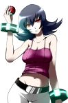  arm_up bare_shoulders belt black_hair bracelet breasts buckle camisole cleavage collarbone cowboy_shot female flipped_hair frown head_tilt hips holding holding_poke_ball jewelry kamekichi27 midriff natsume_(pokemon) navel pants poke_ball pokemon pokemon_(game) pokemon_hgss red_eyes serious simple_background solo white_background 