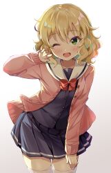  1girl blonde_hair blue_shirt blue_skirt blush bow bowtie buttons cardigan commentary_request flat_chest green_eyes hair_between_eyes hand_on_own_thigh hand_up highres idolmaster idolmaster_cinderella_girls long_sleeves looking_at_viewer medium_hair michii_yuuki nail_polish one_eye_closed open_cardigan open_clothes open_mouth pink_cardigan pink_nails pleated_skirt red_bow red_bowtie sailor_collar sakurai_momoka shirt sidelocks skirt smile solo thigh-highs thighs wavy_hair white_background white_sailor_collar white_thighhighs zettai_ryouiki 