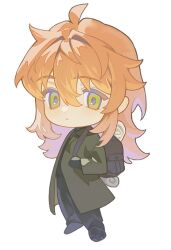  1boy :< ahoge backpack bag black_gloves black_pants black_shirt chibi chibi_only closed_mouth coat commentary_request fate/grand_order fate_(series) full_body gloves green_coat green_eyes gyeoulgam hair_between_eyes hair_down korean_commentary long_hair long_sleeves looking_at_viewer male_focus official_alternate_costume open_clothes open_coat orange_hair pants romani_archaman shirt sidelocks simple_background solo standing turtleneck white_background 