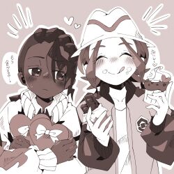  1boy 1girl blush box candy chocolate chocolate_bar collared_shirt commentary_request cupcake dark-skinned_male dark_skin eating food food_on_face harmony_(pokemon) hat heart heart-shaped_box highres holding holding_chocolate holding_food jacket looking_at_another maru_(hachi_47923) medium_hair monochrome naveen_(pokemon) no_nose outline pokemon pokemon_legends:_z-a shirt striped_hat translated trilby upper_body white_outline 