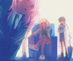  3girls adjusting_eyewear ankle_socks aqua_shirt armchair bare_legs belt black_belt black_coat black_necktie black_ribbon black_vest blue_hair blue_skirt boots bracelet braid brown_boots chair coat collared_jacket collared_shirt commentary_request cowboy_shot cross cross_earrings earrings eyewear_on_head full_body glasses hair_between_eyes hand_on_eyewear heart heart_earrings heart_print high-waist_skirt indoors jacket jewelry lab_coat lace-up_boots lapels leaning_forward long_hair long_sleeves low_twin_braids medium_skirt miracle_nikki multiple_girls neck_ribbon necktie nikki_(series) nostrils notched_lapels on_chair open_clothes open_jacket open_mouth original pink_eyes pink_hair plant potted_plant print_slippers ribbon round_eyewear shadow shirt sitting skirt sleeve_cuffs sleeve_rolled_up slippers smile socks stylist_(nikki) teeth twin_braids upper_teeth_only uro_(uvxkf) v-neck vest white_jacket white_shirt white_slippers white_socks yellow_eyes 