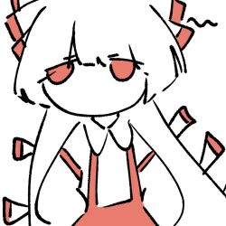  1girl arm_strap blunt_bangs blunt_ends bow chibi chibi_only chinese_commentary collared_shirt colored_skin commentary_request fujiwara_no_mokou hair_bow hands_in_pockets highres hime_cut long_hair long_sleeves no_mouth no_nose pants red_bow red_eyes red_pants shirt solo suspenders tareme touhou upper_body user_kwxy7534 white_background white_hair white_shirt white_skin 