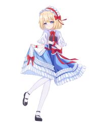  16sanrach 1girl absurdres alice_margatroid black_pantyhose black_shoes blonde_hair blue_dress blue_eyes book bow bowtie capelet closed_mouth clothes_lift collared_capelet commentary_request dress frilled_bow frilled_capelet frilled_dress frilled_wrist_cuffs frills full_body hairband highres holding holding_book leg_up looking_at_viewer mary_janes pantyhose red_bow red_bowtie red_hairband red_wrist_cuffs shoes short_hair simple_background skirt skirt_lift smile solo standing standing_on_one_leg touhou waist_bow white_background white_capelet wrist_cuffs 