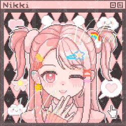  1girl abelia_(xianyu966) argyle_background arm_warmers black_background black_jacket chinese_commentary clouds collared_shirt commentary_request commission dot_nose ear_piercing flower fur-trimmed_jacket fur_trim gyaru hair_ornament hair_scrunchie hairclip hand_cursor hand_on_own_chin happy heart highres infinity_nikki jacket light_blush lipstick long_hair makeup multicolored_hair nikki_(series) one_eye_closed outline parallel_hairclips parted_lips piercing pink_arm_warmers pink_background pink_eyes pink_flower pink_hair pink_lips pink_scrunchie pink_shirt pixel_art rainbow_hair_ornament ribbon ribbon_earrings rosie_sweetheart_(infinity_nikki) sample_watermark scrunchie shirt sidelocks smile solo speech_bubble split-color_hair spoken_heart star_(symbol) star_hair_ornament straight-on straight_hair teeth two-tone_background two_side_up upper_body watermark watermark_grid white_outline window_(computing) x_hair_ornament y2k_fashion yellow_ribbon 