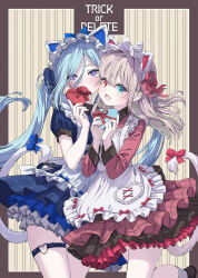  2girls @_@ absurdres alicia_vermilion animal_ears apron cat_ears commentary_request fake_animal_ears heterochromia highres iliza_frigatte long_hair looking_at_viewer maid maid_apron maid_headdress mikisai multiple_girls ringed_eyes smile tail tail_ornament thigh_strap trick_or_delete twintails valentine 