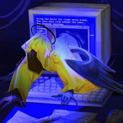  1other black_halo black_wings chickencringe claws cloak commentary computer computer_keyboard english_commentary english_text faceless feathered_wings glowing halo highres hood hood_up hooded_cloak other_focus searching_for_a_world_that_doesn't_exist solo source_quote the_king_in_yellow_(searching_for_a_world_that_doesn't_exist) through_medium through_screen window_(computing) wings 