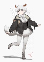  1girl alternate_costume anteater_ears anteater_tail black_corset black_hair black_jacket blush boots bow bowtie brown_eyes center_frills coat commentary_request corset extra_ears frills full_body fur_trim hair_between_eyes highres ito_yoki jacket kemono_friends long_sleeves multicolored_hair open_clothes open_jacket pantyhose shirt short_hair shorts sidelocks solo southern_tamandua_(kemono_friends) translation_request two-tone_hair white_boots white_bow white_bowtie white_fur white_hair white_pantyhose white_shirt white_shorts winter_clothes winter_coat 