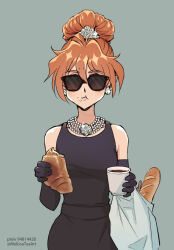  1girl audrey_hepburn bag baguette black_dress black_gloves bread breakfast_at_tiffany's chewing coffee commentary_request cosplay cowboy_shot croissant crumbs dress earrings elbow_gloves food gloves green_background hair_ornament holly_golightly holly_golightly_(cosplay) jewelry lina_inverse looking_at_viewer melissatea necklace orange_hair shopping_bag signature simple_background slayers solo sunglasses tiara updo 