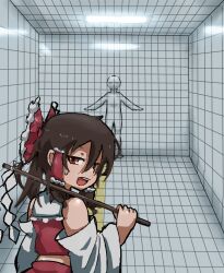  1girl 1other bare_shoulders bow brown_eyes brown_hair ceiling ceiling_light commentary_request detached_sleeves fluorescent_lamp frilled_bow frilled_hair_tubes frills from_behind gohei hair_bow hair_tubes hakurei_reimu hallway holding holding_gohei looking_at_viewer medium_hair nontraditional_miko open_mouth red_bow red_skirt skirt skirt_set subway_station sweatdrop the_exit_8 tile_ceiling tile_floor tile_wall tiles touhou tunnel yoshiyuki_(14330975) 