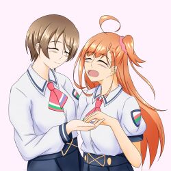  2girls ahoge blue_skirt blush brown_hair closed_eyes harumiya_yukuri heart highres ikizulive!_love_live!_bluebird love_live! multiple_girls neckerchief open_mouth orange_hair pink_neckerchief pleated_skirt puffy_short_sleeves puffy_sleeves shirt short_sleeves skirt smile takahashi_polka user_pnhv2588 valentine white_shirt 