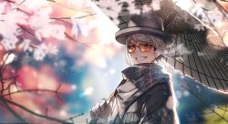  1boy aged_down arurandeisu branch commentary falling_petals green_eyes grey_hair highres hikariemochi holding holding_umbrella holostars jacket male_focus new_year oil-paper_umbrella petals pink_petals print_scarf scarf smile solo umbrella 