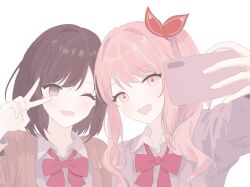 1girl 1other :d ;d akiyama_mizuki bow bowtie brown_cardigan brown_eyes brown_hair cardigan cellphone collared_shirt commentary hand_up highres hiyo25_0 holding holding_phone kamiyama_high_school_uniform_(project_sekai) long_hair long_sleeves one_eye_closed open_mouth other_with_female phone pink_eyes pink_hair project_sekai purple_cardigan red_bow red_bowtie school_uniform selfie shinonome_ena shirt short_hair side_ponytail sidelocks simple_background smartphone smile taking_picture upper_body v v_over_eye white_background white_shirt 