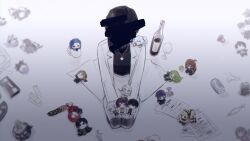  1girl absurdres angela_(project_moon) ayin_(project_moon) benjamin_(project_moon) binah_(project_moon) black_sweater can carmen_(project_moon) cassette_tape censored censored_identity character_doll chesed_(project_moon) closed_eyes closed_mouth coat commentary_request cup doll drinking_glass employee_(project_moon) enkephalin_(project_moon) gebura_(project_moon) glasses highres hod_(project_moon) hokma_(project_moon) jewelry kuroha_ai lab_coat lapels lobotomy_corporation malkuth_(project_moon) mountain_of_smiling_bodies mug necklace netzach_(project_moon) notched_lapels nugget_(project_moon) paper pencil_skirt project_moon simple_background skirt smile solo stamp_mark sweater syringe tiphereth_a_(project_moon) tiphereth_b_(project_moon) white_background white_coat white_skirt wine_glass x_(project_moon) yesod_(project_moon) 