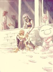  4boys alternate_costume alternate_universe arm_support axel_(kingdom_hearts) black_vest brick_wall brown_hair closed_eyes day dressing_another elbow_rest english_commentary facial_mark facing_away footprints green_eyes grey_hair grey_pants hand_up highres illbewaiting kingdom_hearts kingdom_hearts_ii knees_up leaning_forward leaning_out_of_window light_smile long_hair male_focus moogle multiple_boys no_eyes open_window outdoors pants pink_scarf red_hair riku_(kingdom_hearts) roxas scarf school school_uniform shirt shoes short_hair sitting sleeves_rolled_up snow_sculpture sora_(kingdom_hearts) spiky_hair vest watermark white_shirt window winter yellow_scarf 