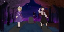  2girls asymmetrical_hair black_skirt blonde_hair blue_eyes brown_eyes brown_hair building buttons closed_mouth collared_dress collared_shirt contrast_collar cyanaqua dated dress english_commentary falling_petals frilled_skirt frills ghostly_field_club grass hands_up hat highres legs_apart long_sleeves looking_at_another maribel_hearn mary_janes medium_hair mob_cap multiple_girls necktie night petals plant_request purple_dress red_necktie sash shirt shoes short_hair skirt sky skyscraper sleeve_cuffs sleeve_garter smile socks standing star_(sky) starry_sky tombstone touhou translated tree usami_renko white_hat white_sash white_shirt white_socks 