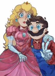  1boy 1girl arm_around_shoulder bianxiee_arts blonde_hair blue_eyes blue_overalls brooch brown_hair collared_shirt commentary dress earrings elbow_gloves english_commentary facial_hair gloves highres jewelry large_nose mario mustache open_collar overalls pink_dress princess_peach red_shirt shirt short_male sphere_earrings super_mario_bros. v white_gloves 