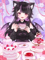  1girl absurdres animal_ear_fluff animal_ears balloon bare_shoulders bat_wings birthday birthday_cake black_hair black_shirt bow bowtie breasts cake cake_slice cat_ears cherry collared_shirt colored_inner_hair commentary_request confetti cross-laced_clothes cross-laced_skirt cup cupcake detached_sleeves fangs flower food frilled_shirt frills fruit gold_spoon gothic_lolita hands_up hazuki_rena heart_balloon highres holding holding_cup indie_virtual_youtuber konkave_linse lace-trimmed_shirt lace_trim lolita_fashion long_hair looking_at_viewer macaron milk multicolored_hair parted_bangs petals pink_eyes pink_flower pink_petals pink_rose plate pov_across_table purple_background purple_bow purple_bowtie purple_flower purple_rose purple_streaks red_flower red_rose rose shirt sidelocks skirt sleeve_bow sleeveless sleeveless_shirt small_breasts solo spoon straight-on strawberry streaked_hair streamers striped_background swiss_roll table teacup teapot tiered_tray two-tone_hair upper_body vertical-striped_background virtual_youtuber waist_bow white_flower wings 