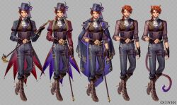  1boy animal_ears argyle_background aristocratic_clothes ascot black_feathers black_hair black_streaks book_holster boots brown_boots brown_gloves brown_vest cane cat_boy cat_ears cat_tail closed_eyes coat coat_on_shoulders coattails commentary_request copyright_notice corset feathers fingerless_gloves flower full_body fur-trimmed_boots fur_trim gloves gold_trim grey_background grey_pants grin happy hat hat_feather hat_flower hat_ribbon high_heel_boots high_heels holding holding_cane holostars holster juliet_sleeves kemonomimi_mode long_sleeves low_ponytail male_focus mebaru medium_hair mole mole_under_eye monocle multicolored_hair multiple_views official_alternate_costume official_art open_mouth orange_hair pants ponytail puffy_sleeves purple_flower purple_ribbon purple_rose red_flower red_rose ribbon rose sleeves_rolled_up smile streaked_hair tail tailcoat thigh_holster top_hat two-sided_coat two-sided_fabric variations vest virtual_youtuber waistcoat white_ascot yukoku_roberu yukoku_roberu_(7th_costume) 