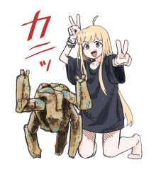 1girl ahoge alien barefoot black_shirt blonde_hair bracelet cho_kaguya-hime! collarbone commentary_request crossover double_v highres jewelry kaguya_(cho_kaguya-hime!) kneeling long_hair long_shirt looking_at_viewer orange_eyes project_hail_mary rocky_(project_hail_mary) satokatsu shirt short_sleeves smile translated v white_background 