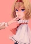  1girl alice_margatroid blonde_hair finger_to_mouth hairband hand_on_another&#039;s_face lips meiji_(charisma_serve) purple_eyes shaded_face short_hair simple_background solo touhou violet_eyes 