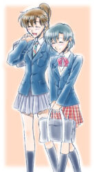  2girls bag bishoujo_senshi_sailor_moon black_hair brown_hair closed_eyes kino_makoto lowres mizuno_ami multiple_girls ponytail school_bag school_uniform simple_background smile takano_saku walking zettai_ryouiki 