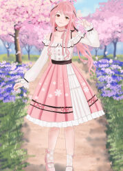  1girl absurdres arm_cutout bare_shoulders belt black_belt black_bow black_ribbon blue_sky bow bow_choker bow_legwear bowtie bra_strap brown_eyes buttons cherry_blossoms chinese_commentary choker clothing_cutout clouds collarbone commentary_request day dot_nose falling_petals flower frilled_shirt frilled_skirt frilled_sleeves frills full_body grass hair_bow hair_ribbon happy high-waist_skirt highres infinity_nikki jamie_(mingjia84849364) layered_skirt light_blush long_hair long_sidelocks long_sleeves low_twintails mary_janes nikki_(nikki) nikki_(series) off-shoulder_shirt off_shoulder outdoors parted_lips path perfect_start_(infinity_nikki) petals pink_bow pink_bowtie pink_choker pink_flower pink_hair pink_ribbon pink_shoes pink_skirt pleated_skirt print_skirt print_socks puffy_long_sleeves puffy_sleeves purple_flower ribbon see-through_clothes see-through_socks shadow shirt shoes sidelocks single_stripe skirt sky sleeves_past_wrists smile snowflake_print snowflakes socks solo spring_(season) standing striped_bow striped_bowtie striped_choker striped_clothes tree tress_ribbon twintails v very_long_hair wavy_hair white_shirt white_skirt white_socks 
