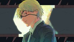  1boy 1girl absurdres black_jacket black_necktie blonde_hair chainsaw chainsaw_man closed_mouth collared_shirt commentary_request denji_(chainsaw_man) eyepatch highres jacket male_focus marbow_tomato necktie power_(chainsaw_man) red_eyes shirt short_hair solo_focus suit_jacket twitter_username white_shirt 