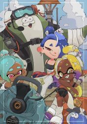  3girls aqua_hair big_man_(splatoon) blonde_hair blue_hair cephalopod_eyes closed_mouth colored_eyelashes colored_tips crop_top dark-skinned_female dark_skin earrings eyelashes fish_hook_earrings fishing_rod frye_(splatoon) frye_(splatoon_raiders) hair_over_one_eye highres inkling inset_border jellyfish_(splatoon) jewelry long_hair looking_at_viewer mechanic_(splatoon_raiders) moyu_u0 multicolored_hair multiple_girls open_mouth outdoors outside_border pink_eyes pointy_ears ponytail purple_hair red_eyes red_pupils shiver_(splatoon) shiver_(splatoon_raiders) short_eyebrows single_earring smile splatoon_(series) splatoon_raiders teeth tentacle_hair thick_eyebrows topknot two-tone_hair very_dark_skin 
