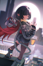 1girl animal_ears black_gloves black_hair breasts city fingerless_gloves fur-trimmed_jacket fur_trim garter_straps gloves green_eyes green_jacket high-waist_shorts highres jacket jane_doe_(zenless_zone_zero) joao_(moitaartwork) long_hair looking_at_viewer looking_back mouse_ears mouse_girl mouse_tail multicolored_hair on_rooftop pantyhose red_hair red_nails shorts single_garter_strap single_leg_pantyhose smile solo standing tail tail_around_own_leg thigh-highs torn_clothes torn_pantyhose torn_thighhighs very_long_tail zenless_zone_zero 