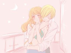  1boy aco_lovesan73 arm_tattoo bikini bikini_top_only blonde_hair blush closed_eyes commentary_request curly_eyebrows facial_hair goatee highres long_hair moon mustache nami_(one_piece) navel night one_piece orange_eyes orange_hair sanji_(one_piece) shirt short_hair swimsuit tattoo twitter_username white_shirt 