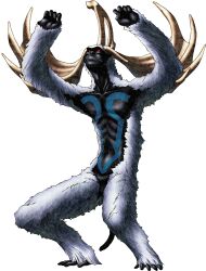  1other absurdres antlers arms_up black_skin body_fur body_markings colored_skin demon_(megami_tensei) devil_summoner:_soul_hackers devil_summoner_(series) full_body highres horns kazuma_kaneko navel no_pupils north_american_mythology official_art parted_lips red_eyes ribs solo standing tail teeth third-party_source transparent_background wendigo wendigo_(megami_tensei) white_fur 