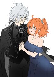  1boy 1girl ahoge bare_shoulders bear_boss black_vest blue_dress commentary_request dress earrings edmond_dantes_(fate) edmond_dantes_(flames_of_applause)_(fate) expressionless fate/grand_order fate_(series) fujimaru_ritsuka_(female) gem gradient_clothes green_gem grey_hair grey_pants grey_vest hair_ornament hair_scrunchie hand_on_another's_waist highres interlocked_fingers jewelry lapels long_dress long_sleeves looking_at_another low_ponytail medium_hair necklace notched_lapels off-shoulder_dress off_shoulder pants ponytail puffy_sleeves scrunchie short_hair simple_background smile vest white_background yellow_eyes 