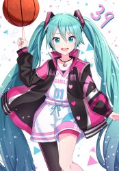  1girl 39 aqua_eyes aqua_hair aqua_nails ball basketball basketball_(object) black_jacket commentary_request fingernails hair_between_eyes hatsune_miku headset highres itogari jacket long_hair looking_at_viewer nail_polish open_mouth project_sekai shirt short_shorts shorts single_thighhigh smile solo solo_focus thigh-highs twintails vocaloid white_background white_shirt white_shorts 