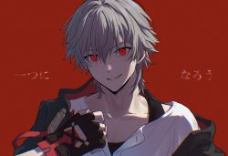  1boy backlighting black_gloves black_jacket caelus_(honkai:_star_rail) caelus_(vim_and_vigor)_(honkai:_star_rail) chinese_clothes chromatic_aberration collarbone cropped_torso dark_persona empty_eyes fingerless_gloves gloves grey_hair hair_between_eyes hand_up highres honkai:_star_rail honkai_(series) hood hooded_jacket jacket long_sleeves looking_at_viewer male_focus official_alternate_costume open_clothes open_jacket red_background red_eyes red_jacket rune_(rne_at) sharp_teeth shirt short_hair simple_background smile solo tangzhuang teeth trailblazer_(honkai:_star_rail) two-sided_fabric two-sided_jacket white_shirt 