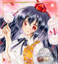  1girl :q bird_wings black_bow black_bowtie black_hair black_wings blush bow bowtie breasts collared_shirt commentary feathered_wings food food_request hat highres holding holding_plate large_breasts looking_at_viewer nekofish666 plate pointy_ears pom_pom_(clothes) red_eyes red_hat shameimaru_aya shirt smile solo tokin_hat tongue tongue_out touhou traditional_media upper_body watermark white_shirt wings 