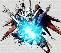  absurdres aura commentary_request destiny_gundam destiny_gundam_spec_ii energy_ball green_eyes guchurimu_genrishugi gundam gundam_seed gundam_seed_destiny highres kamehameha_(dragon_ball) light_particles looking_at_viewer mecha mecha_focus mechanical_wings mobile_suit no_humans robot science_fiction sd_gundam solo v-fin weapon wings 
