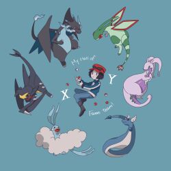  1boy altaria black_hair blue_background blue_fire blue_jacket blue_pants boots charizard closed_mouth clouds colored_skin commentary_request dragonair eyewear_on_headwear fire flygon garchomp goodra green_eyes grey_boots hat highres holding holding_poke_ball horns jacket leg_spikes mega_charizard_x multicolored_horns multicolored_jacket pants poke_ball pokemon pokemon_(creature) pokemon_x_and_y pokenasi red_eyes red_hat short_hair simple_background slime_(substance) sunglasses turtleneck turtleneck_jacket two-tone_horns two-tone_jacket white_skin 