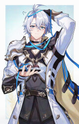  1boy absurdres arm_up black_choker black_gloves black_pants blue_eyes blue_ribbon box box_of_chocolates chocolate choker closed_mouth coat commentary_request cowboy_shot embarrassed gift gift_box gloves hand_on_own_head highres holding holding_gift honkai:_star_rail honkai_(series) light_blush long_sleeves looking_at_viewer male_focus pants phainon_(honkai:_star_rail) ribbon short_hair single_glove solo ssong990 sun_symbol sun_tattoo tattoo white_coat white_day white_hair yellow_pupils 