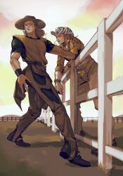  2boys absurdres against_railing animal_print belt bracelet chinese_commentary commentary_request cowboy_hat denisefanta fence hat highres hol_horse jewelry jojo_no_kimyou_na_bouken long_hair long_sideburns male_focus mature_male mountain_tim multiple_boys pants railing sepia sideburns smoking stardust_crusaders steel_ball_run trait_connection tunic zebra_print 