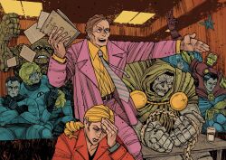  3girls 6+boys angry arc_reactor arm_up armor avengers_(series) azoinab ben_grimm better_call_saul black_facial_hair black_gloves black_hair blonde_hair blue_bodysuit blue_eyes blue_mask blue_robe bob_cut bodysuit breaking_bad brother_and_sister brown_hair cape captain_america chain clenched_hand clenched_hands closed_eyes collared_shirt comforting commission courtroom crossed_arms crossed_legs crossover cuffs cup disappointed doctor_doom doctor_strange facial_hair fantastic_four flying flying_paper folder formal_clothes frown frustrated full_armor gloves gold_armor green_cape green_hood green_tunic grey_armor hand_on_another's_shoulder hand_on_own_forehead handcuffs hands_up high_collar highres holding holding_folder hood hood_up hooded_cape index_finger_raised indoors insect_wings iron_man jacket janet_van_dyne johnny_storm kim_wexler lawyer long_sleeves low_ponytail marvel mask metal_mask mini_person minigirl multicolored_armor multicolored_bodysuit multicolored_hair multicolored_necktie multiple_boys multiple_girls muscular muscular_male necktie open_mouth outstretched_arm paper parted_lips pink_jacket pink_suit ponytail power_armor raised_fist red_armor red_cape red_jacket reed_richards restrained robe rock_skin saul_goodman shirt short_hair siblings sideburns silhouette sitting steve_rogers sue_storm suit suit_jacket superhero_costume table teeth thinking tony_stark tunic two-tone_bodysuit two-tone_hair upper_teeth_only wasp_(marvel) white_hair wings wizard yellow_armor yellow_gloves yellow_shirt 
