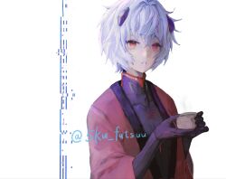  1girl 5ku_futsuu artist_name ayanami_rei backlighting black_bodysuit blue_hair bodysuit breasts commentary covered_collarbone cropped_torso cup evangelion:_3.0_you_can_(not)_redo green_tea hair_between_eyes hands_up haori headset highres holding holding_cup interface_headset_(evangelion) japanese_clothes long_sleeves looking_at_viewer mecha_pilot_suit neon_genesis_evangelion number_print open_clothes plugsuit_(evangelion) rebuild_of_evangelion red_eyes red_haori short_hair simple_background small_breasts solo steam tea teeth upper_body white_background wide_sleeves yunomi 