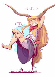  1girl arms_behind_head arms_up blonde_hair bloomers blush bow bowtie chain commentary_request crossed_legs cuffs daitai_konna_kanji floating floating_hair full_body grin horns ibuki_suika long_hair long_sidelocks looking_at_viewer low-tied_long_hair red_bow red_bowtie shackles sharp_teeth shirt sidelocks simple_background skirt sleeveless sleeveless_shirt smile solo teeth touhou translation_request v-shaped_eyebrows very_long_hair white_background white_bloomers yellow_eyes 