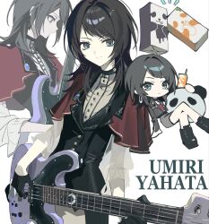  1girl 5-string_bass_guitar bang_dream! bang_dream!_it's_mygo!!!!! bass_guitar black_boots black_gloves black_vest blue_eyes boots capelet character_name closed_mouth commentary drink_carton earrings extended_range_bass_guitar gloves grey_skirt highres instrument jewelry multiple_views red_capelet shirt simple_background skirt timoris_(bang_dream!) untranslatable_commentary vest white_background white_shirt yahata_umiri yukhoe_(kaje7pi) 
